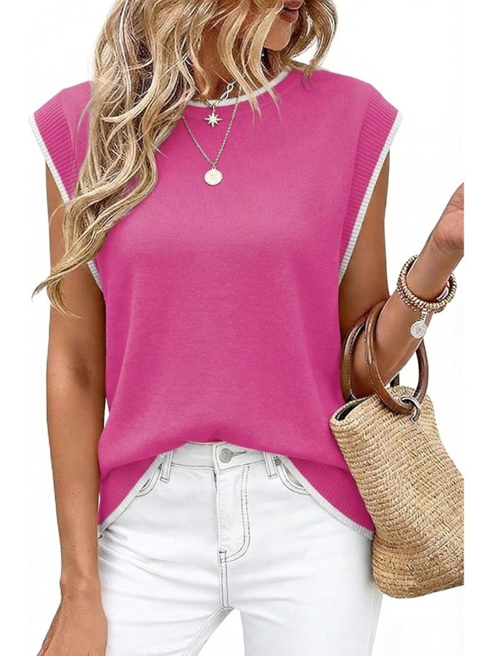 Women's Pink Crew Neck Cap Sleeve Tank Tops Business Casual Outfit T Shirts